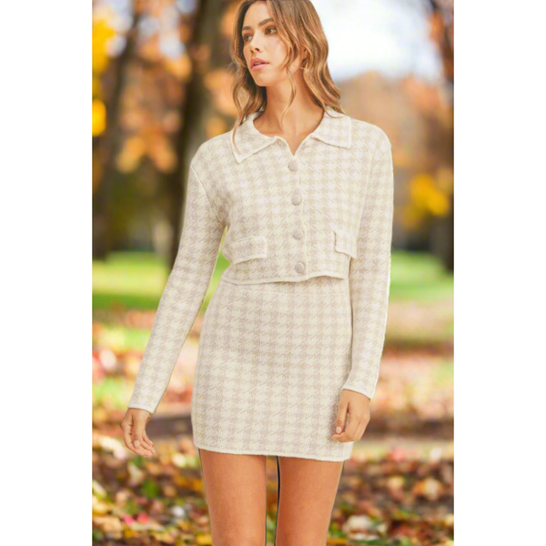 The Maggy Houndstooth Knit Cropped Cardigan and Mini Skirt Set