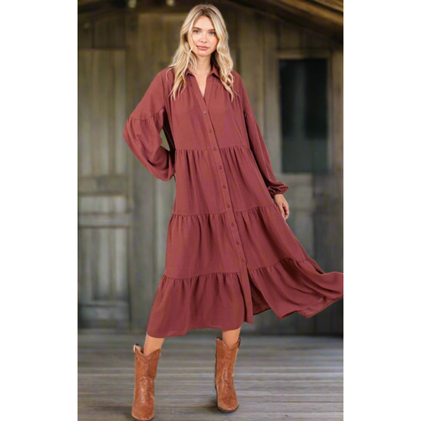 The Sierra Brown Tiered Button Down Midi Dress