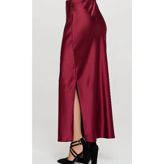 The Lorena Burgundy Satin Maxi Skirt