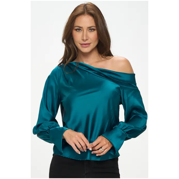 The Allure Green Satin Off The Shoulder Top