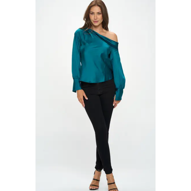 The Allure Green Satin Off The Shoulder Top