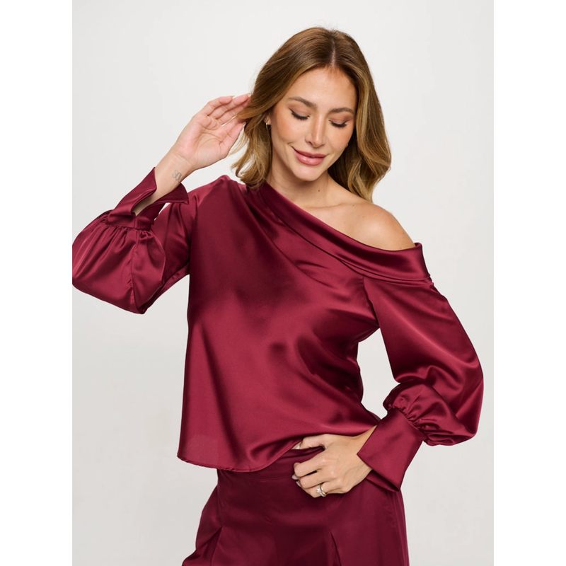 The Allure Burgundy Satin Off The Shoulder Top