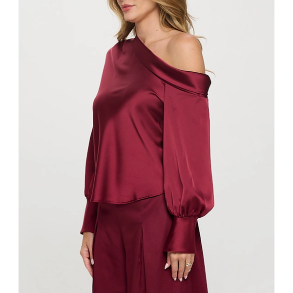 The Allure Burgundy Satin Off The Shoulder Top