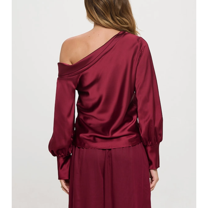 The Allure Burgundy Satin Off The Shoulder Top