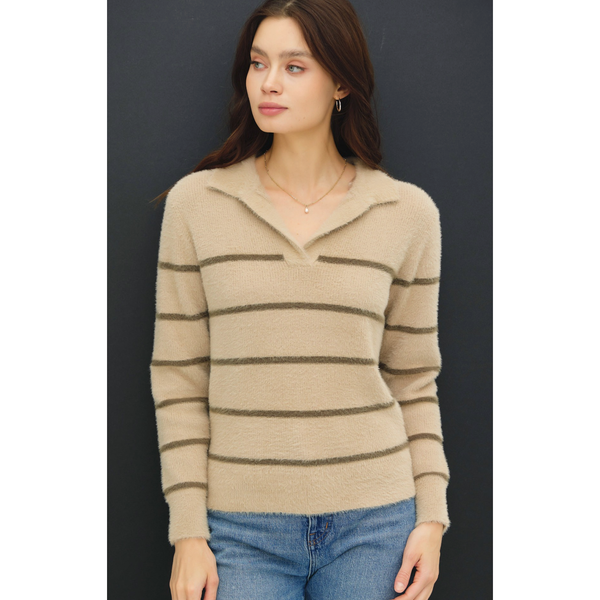 The Balboa Oatmeal/Olive Fuzzy Striped Polo Sweater