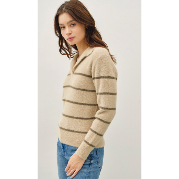 The Balboa Oatmeal/Olive Fuzzy Striped Polo Sweater