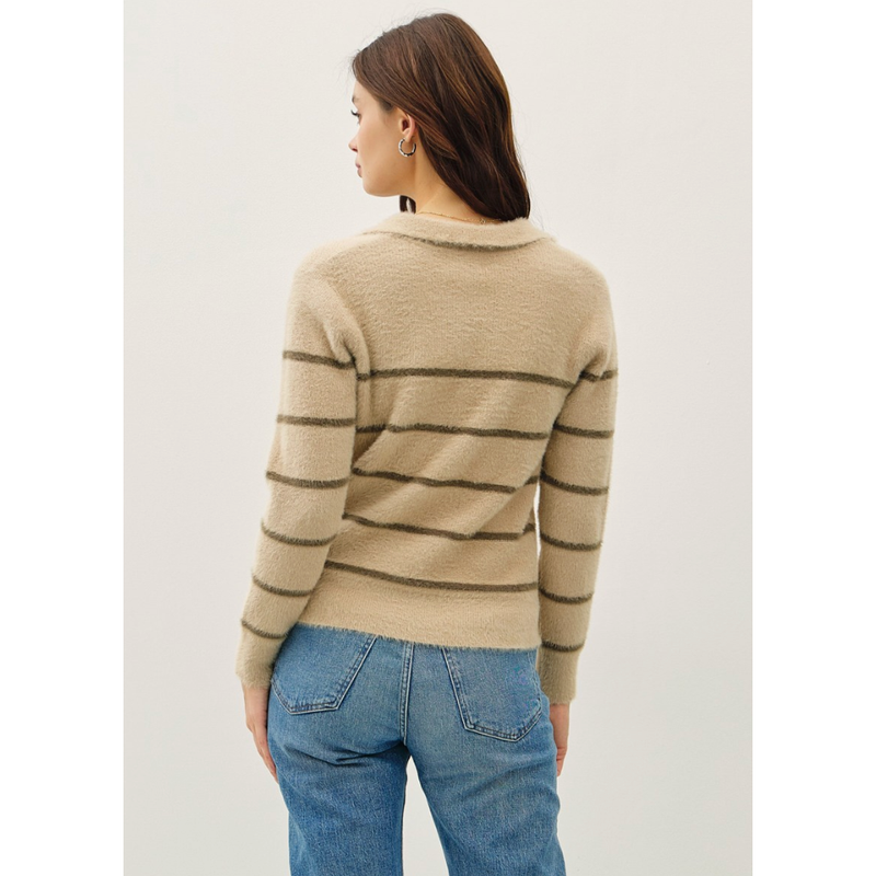 The Balboa Oatmeal/Olive Fuzzy Striped Polo Sweater