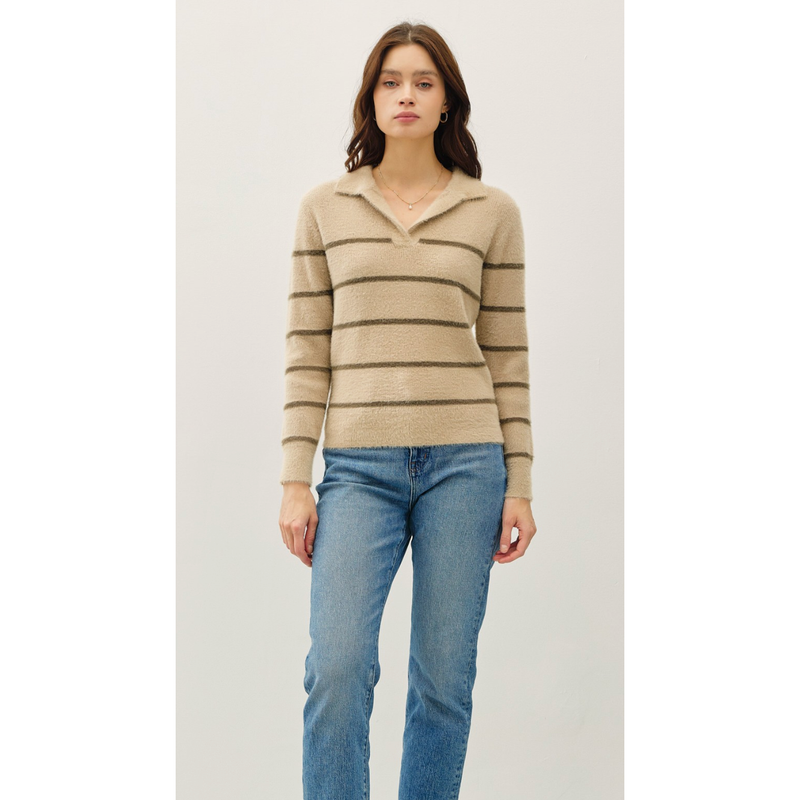 The Balboa Oatmeal/Olive Fuzzy Striped Polo Sweater