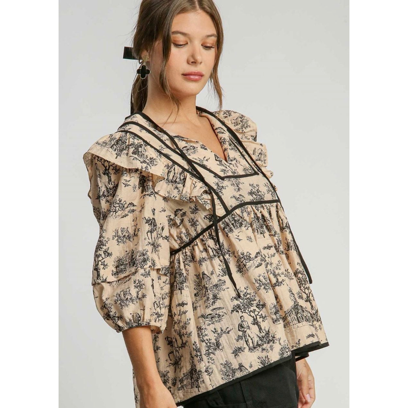 The Avignon Taupe/Black Toile Babydoll Top