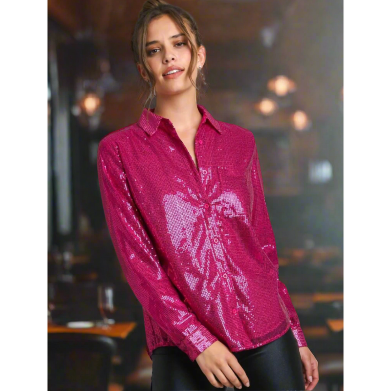 The Cherise Hot Pink Sequin Button Up Top