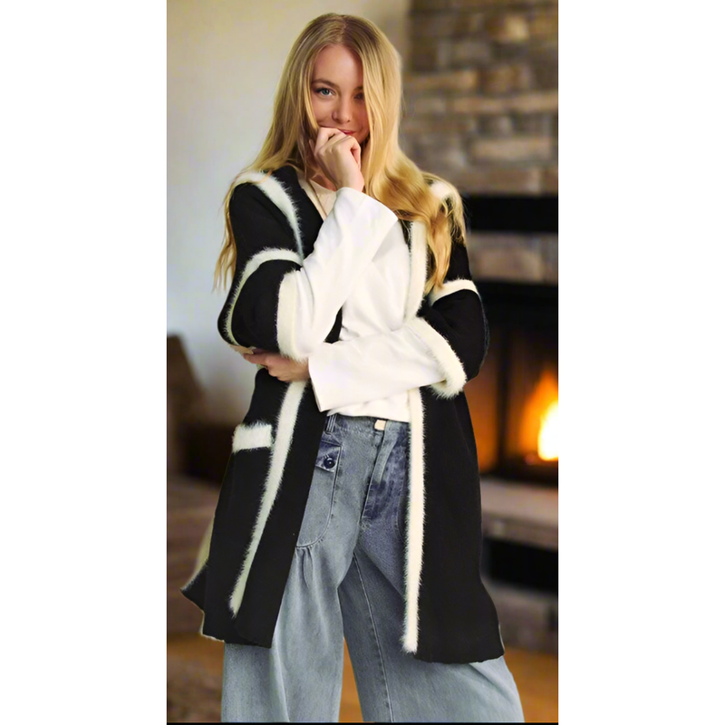 The Davi Black/White Fuzzy Trim Open Front Cardigan