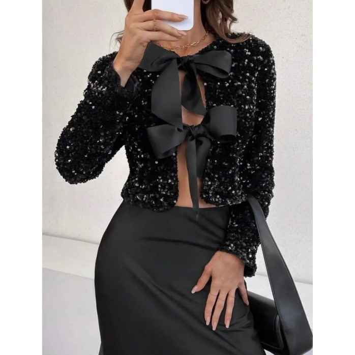 The Jolie Black Sequin Bow Party Top