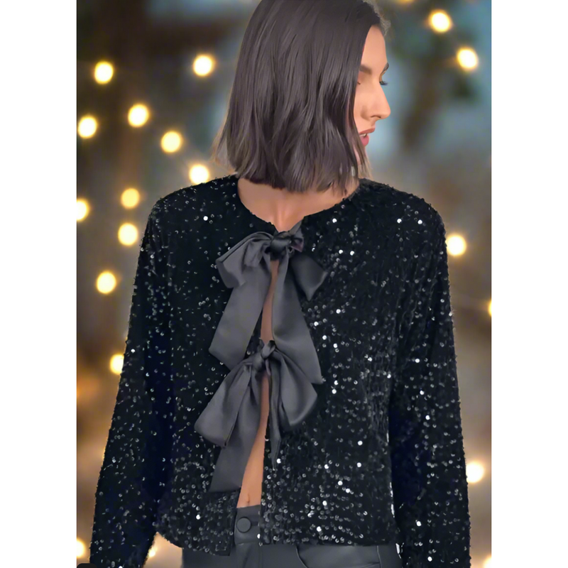 The Jolie Black Sequin Bow Party Top