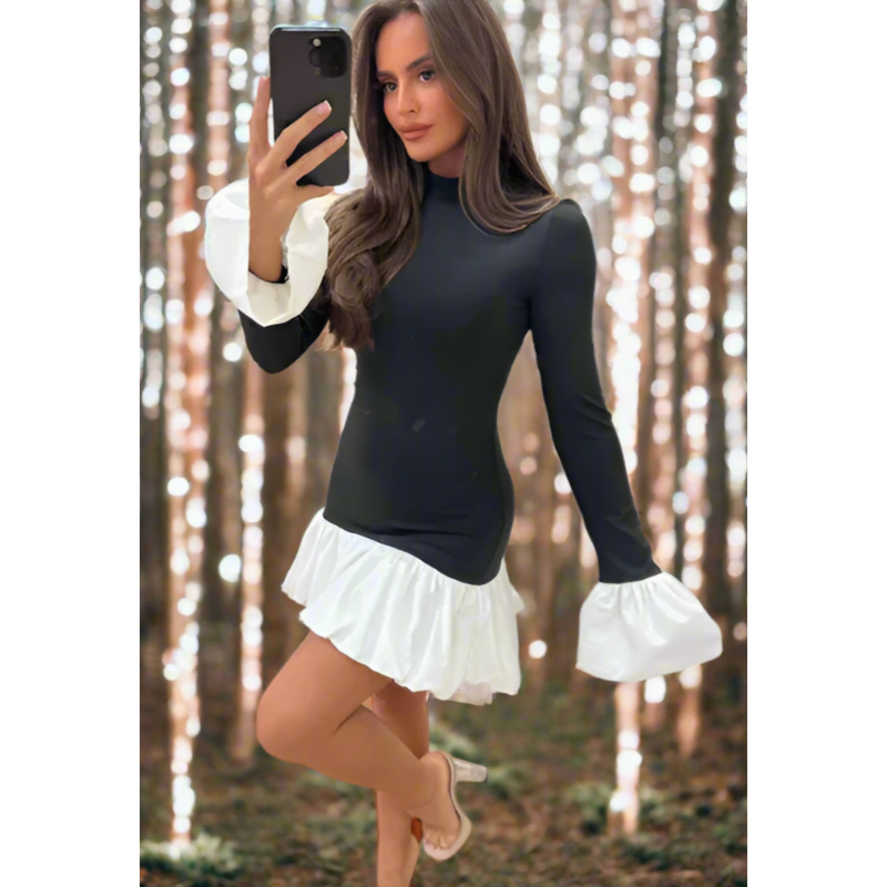 The Devora Black/White Ruffle Mini Dress