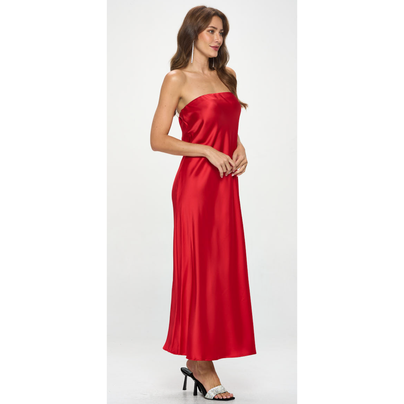 The Jamie Red Strapless Satin Column Maxi Dress