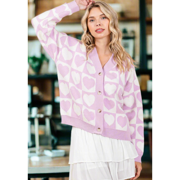 The Checkered Heart Lilac Button Down Cardigan