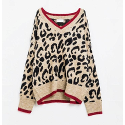 The Myra Leopard V-Neck Sweater with Red Detail