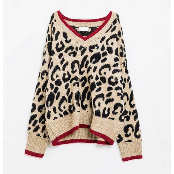 The Myra Leopard V-Neck Sweater with Red Detail