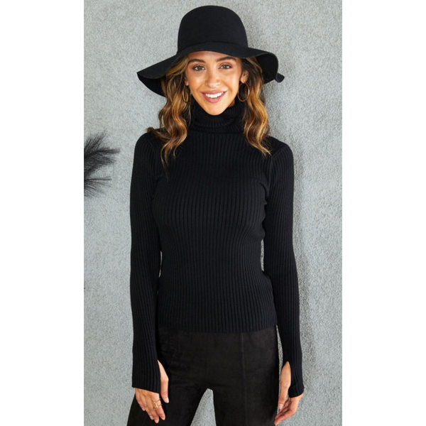 The Irene Black Ribbed Knit Turtleneck Sweater Top