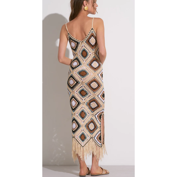 The Sol Mare Beige Multi Crochet Halter Midi Dress