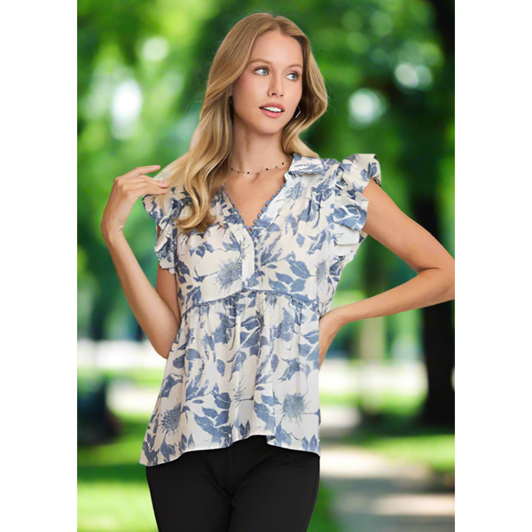 The Brittany Blue Floral Print Babydoll Top