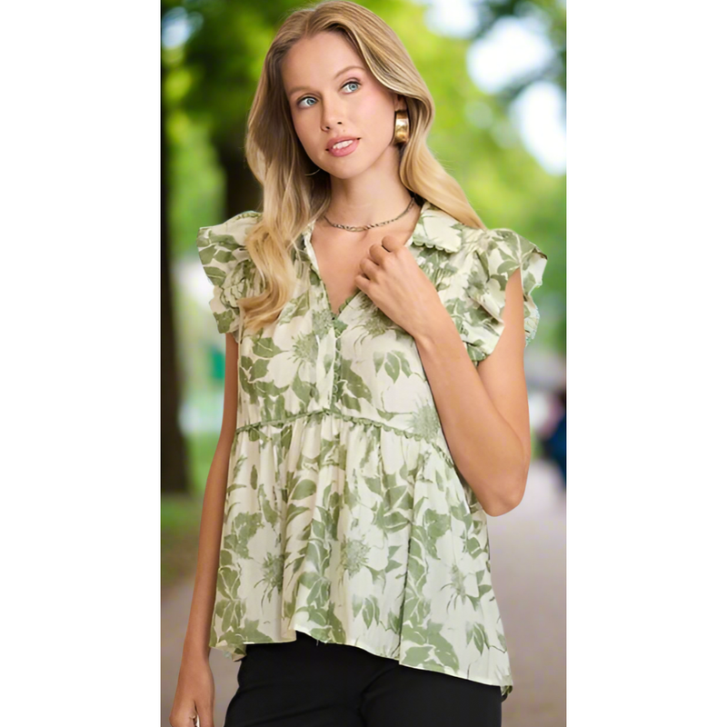 The Brittany Green Floral Babydoll Top