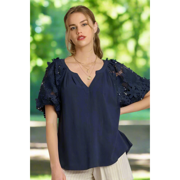 The Emmy Navy Blue Lace Puff Sleeve Top