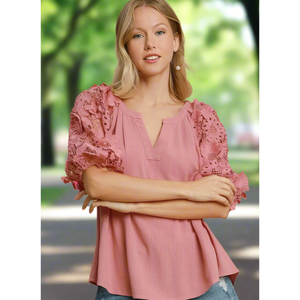 The Emmy Dusty Rose Lace Puff Sleeve Top