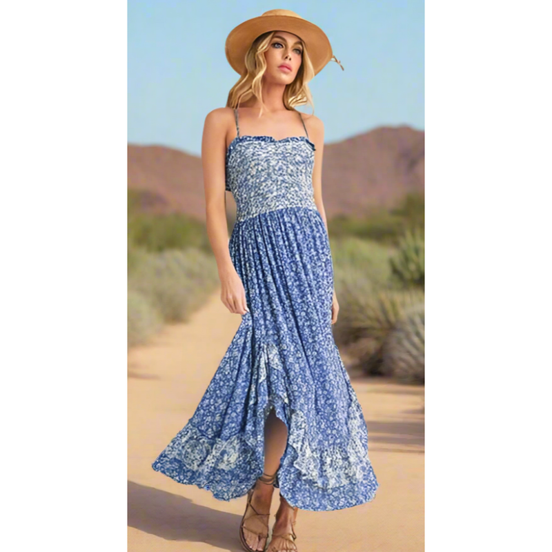 The Desert Willow Blue Ditsy Floral Ruffled Hem Maxi Dress