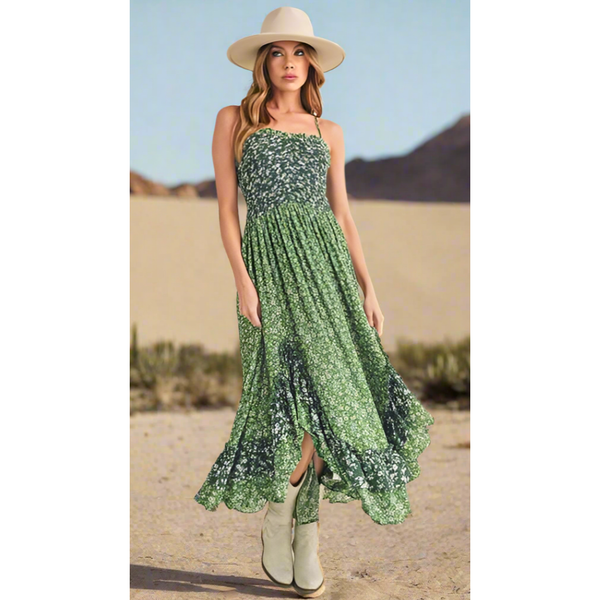 The Desert Willow Green Ditsy Floral Ruffled Hem Maxi Dress