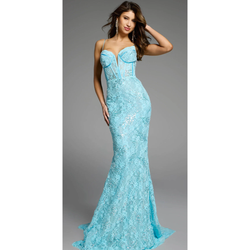 The Jovani D5009 Aqua Lace Corset Gown