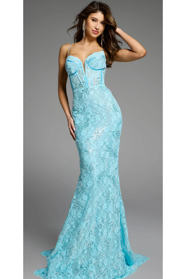 The Jovani D5009 Aqua Lace Corset Gown 6