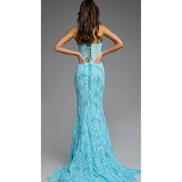 The Jovani D5009 Aqua Lace Corset Gown