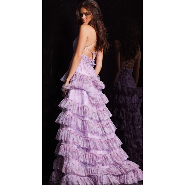 The Jovani 36571 Lilac Floral Ruffle Full Skirt Gown