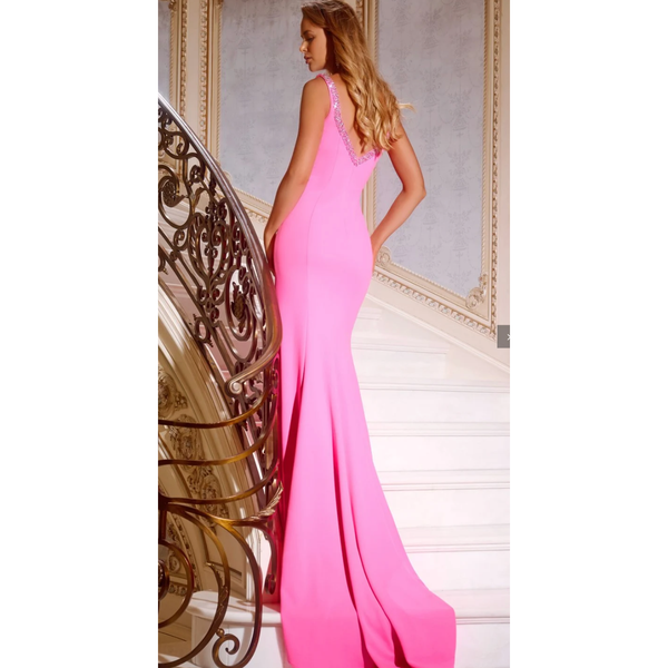 The Jovani 42899 Hot Pink Crystal Embellished High Slit Gown