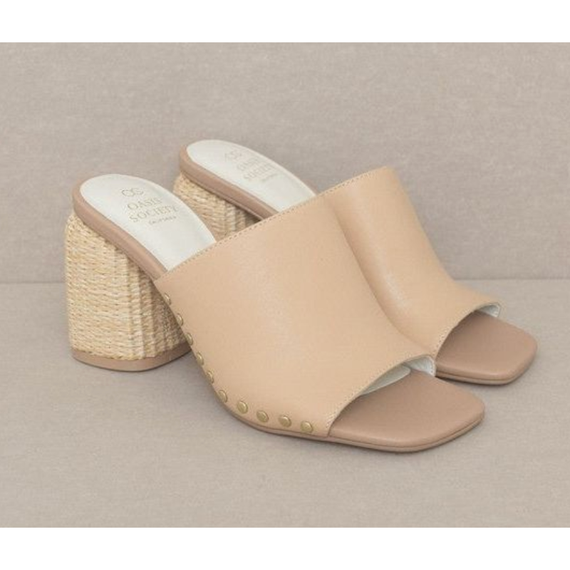 The Serena Nude Studded Raffia Heel Slide Sandal