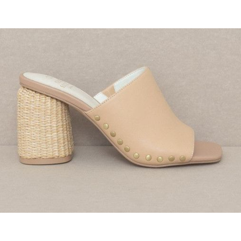 The Serena Nude Studded Raffia Heel Slide Sandal