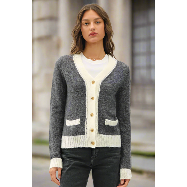 The Sutton Gray/White Contrast Cardigan