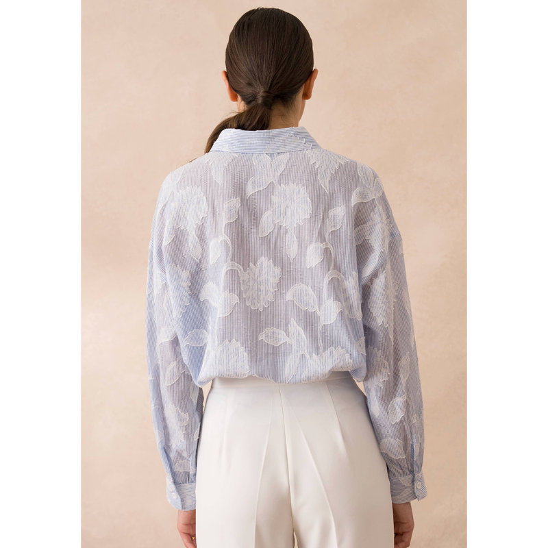 The Taline Blue Striped Floral Embroidered Shirt