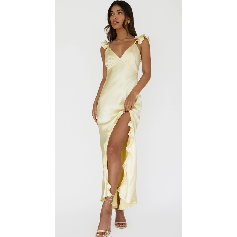 The Justine Light Yellow Luxe Satin Maxi Dress