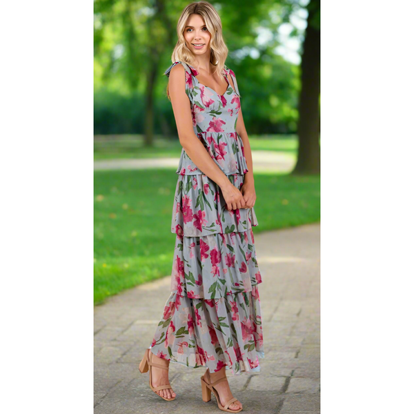 The Sunday Dusty Blue Floral Tiered Ruffle Maxi Dress