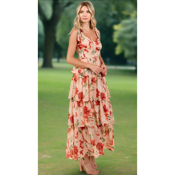 The Sunday Coral Floral Tiered Ruffle Maxi Dress