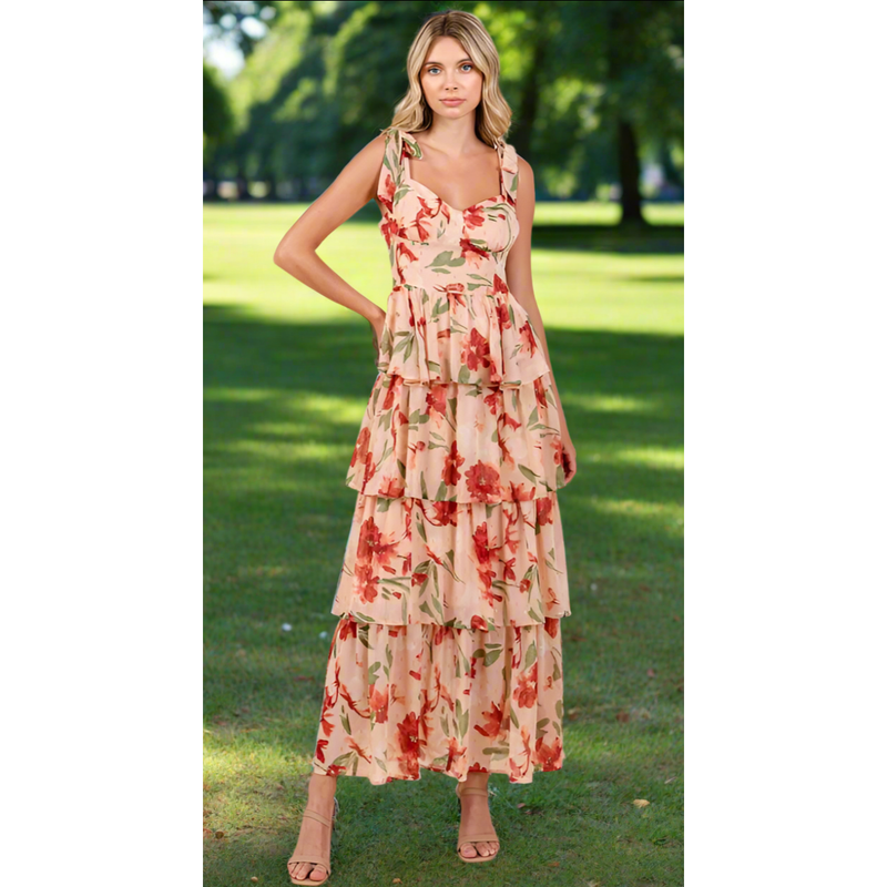 The Sunday Coral Floral Tiered Ruffle Maxi Dress