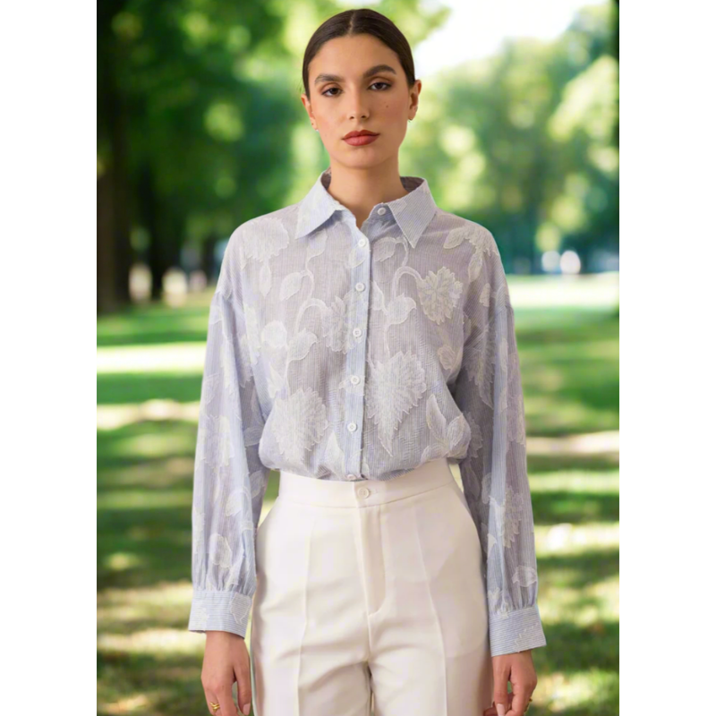 The Taline Blue Striped Floral Embroidered Shirt