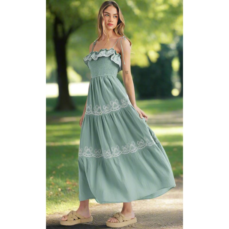 The Tatum Seafoam Green Gauze Embroidered Midi Dress Cason Couture The Tatum Seafoam Green Gauze Embroidered Midi Dress Cason Couture