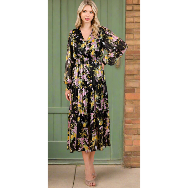 The Tula Black Floral Satin Smocked Midi Dress