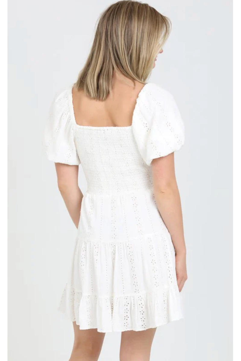 The Amada White Eyelet Cutout Puff Sleeve Mini Dress L The Amada White Eyelet Cutout Puff Sleeve Mini Dress L