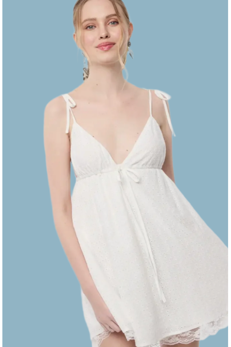 The Gidget White Eyelet Empire Waist Mini Dress M The Gidget White Eyelet Empire Waist Mini Dress M