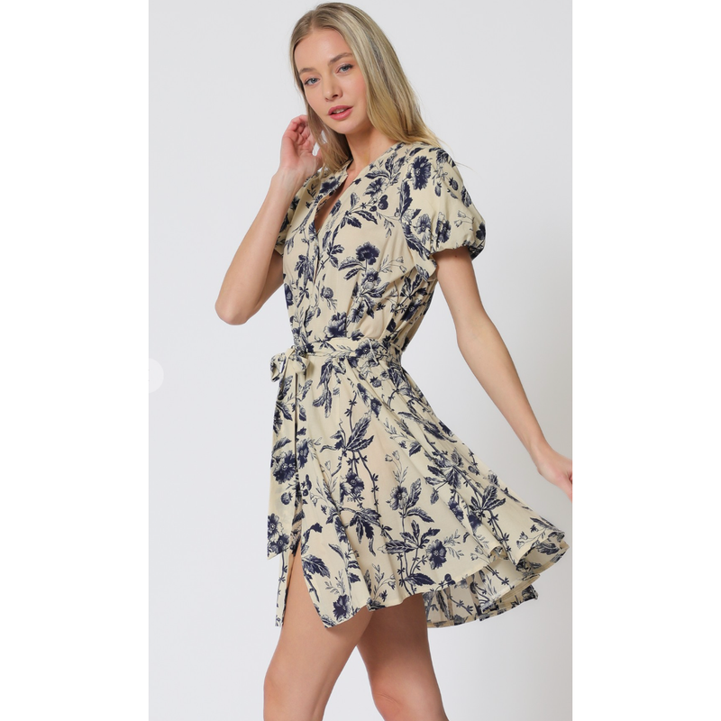The Carrie Navy/Beige Floral Print Bubble Sleeve Mini Dress