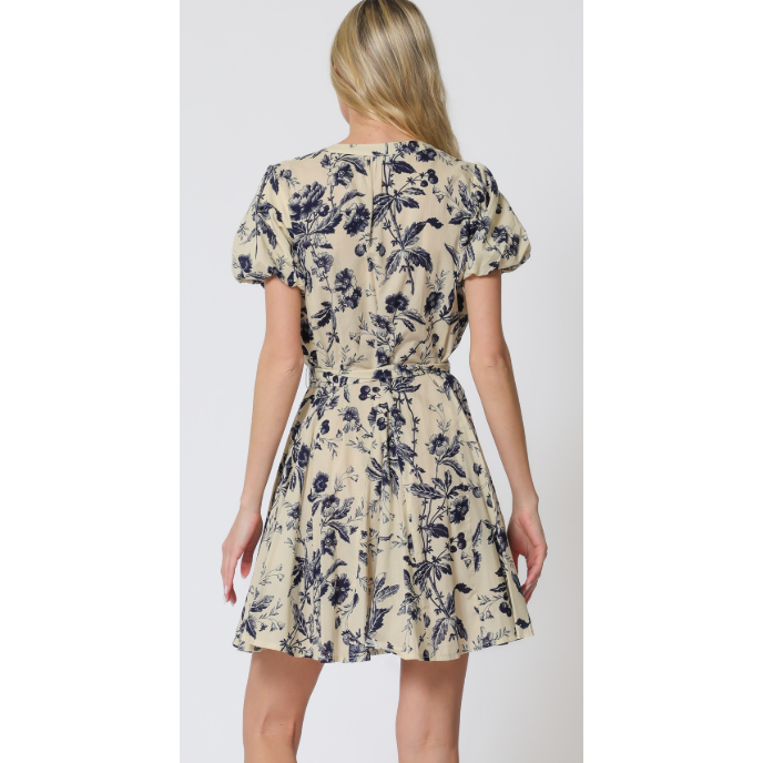 The Carrie Navy/Beige Floral Print Bubble Sleeve Mini Dress
